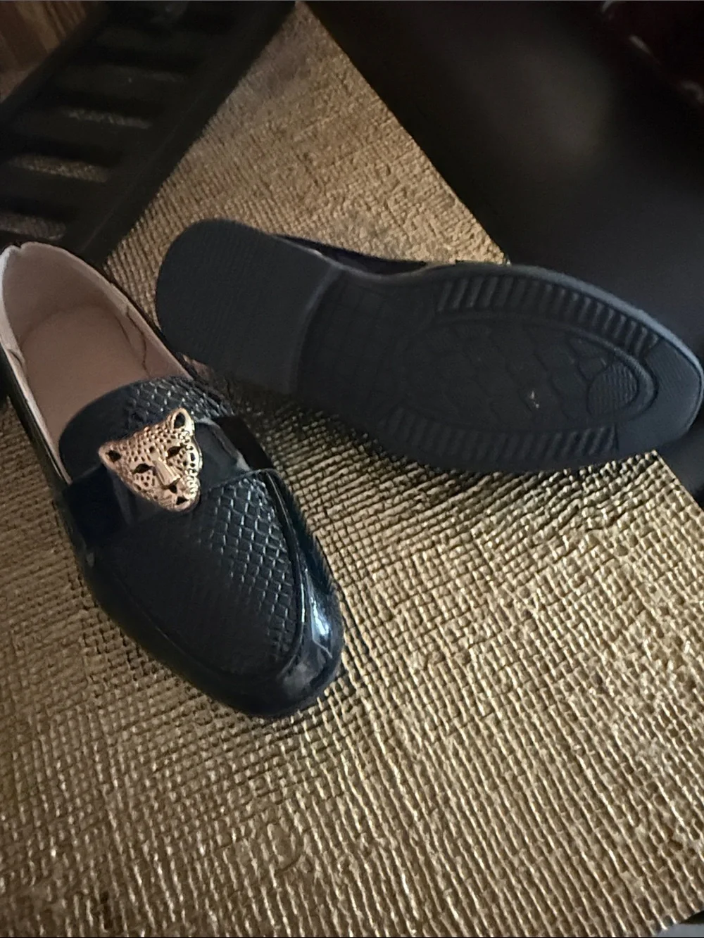 Girls Black Moccasin Loafers with Gold Cat Accent